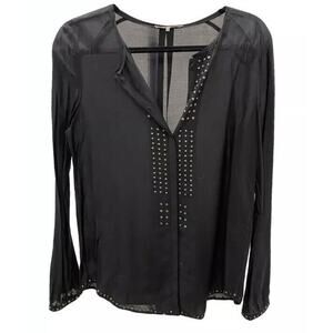 Gerard Darel Womens Black Semi Sheer Long-Sleeve Blouse Shirt Top Size 36 Silk